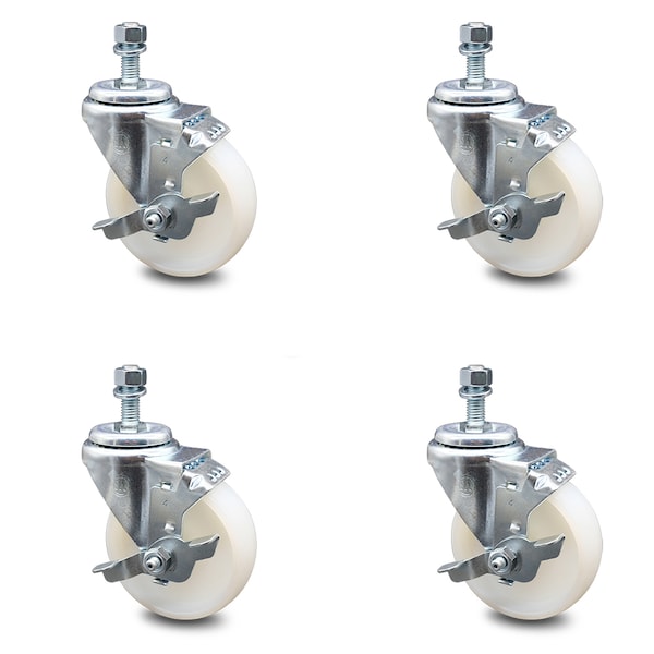 4 Inch Nylon Wheel Swivel 10mm Threaded Stem Caster Set with Brake SCC